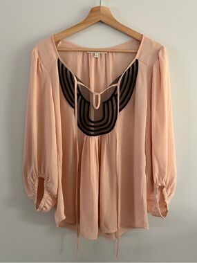 Peach Blouse with Black Neck Appliqué